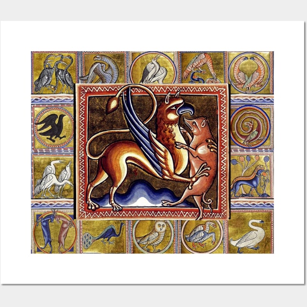 MEDIEVAL BESTIARY,GRYPHON AND WILD BOAR,FANTASTIC ANIMALS IN GOLD RED BLUE COLORS Wall Art by BulganLumini